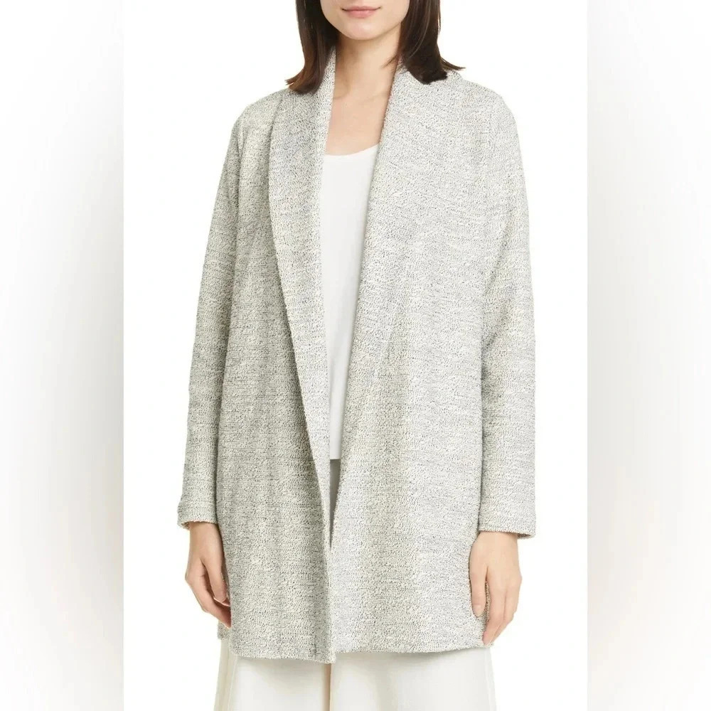 NWOT Eileen Fisher Organic Cotton Blend Shawl Collar Jacket Soft White Grey Sm